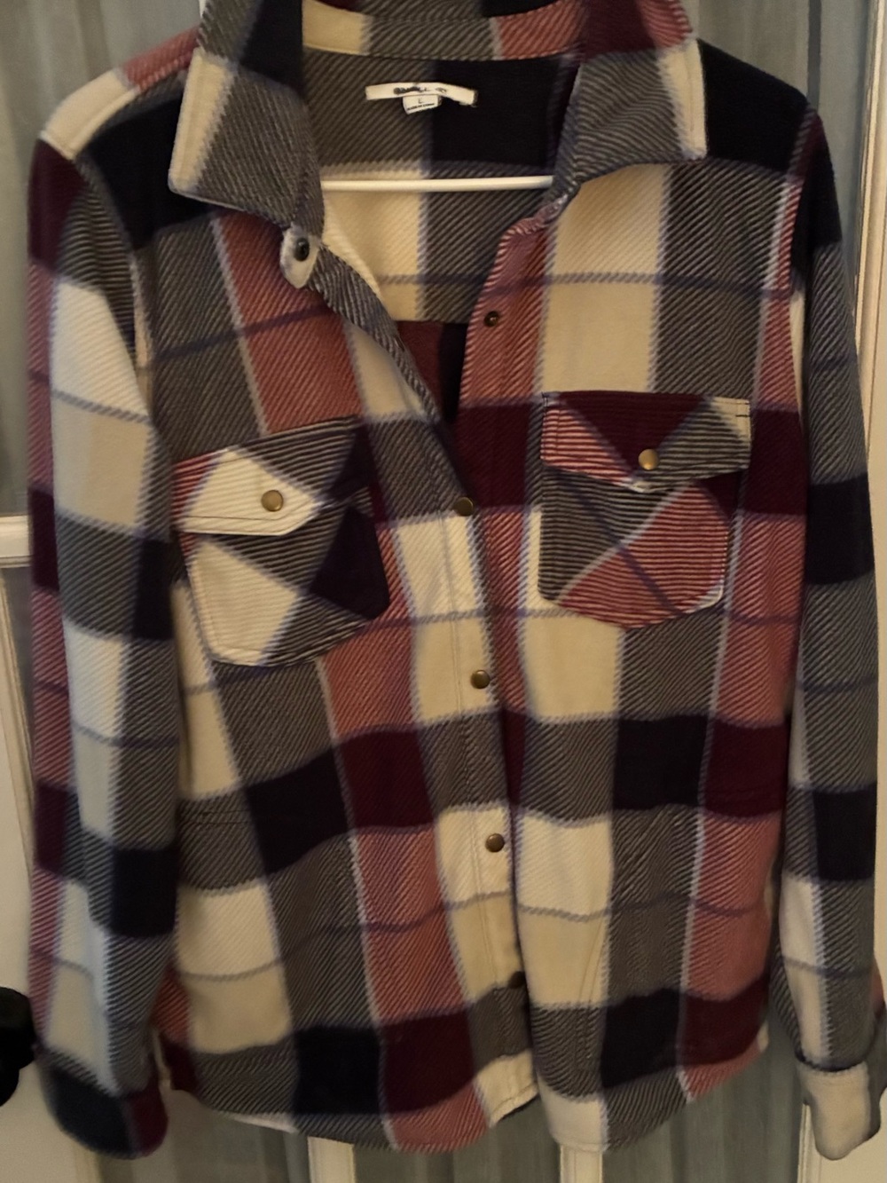 Plaid Button-Front Shacket - Cream, Burgundy & Gray